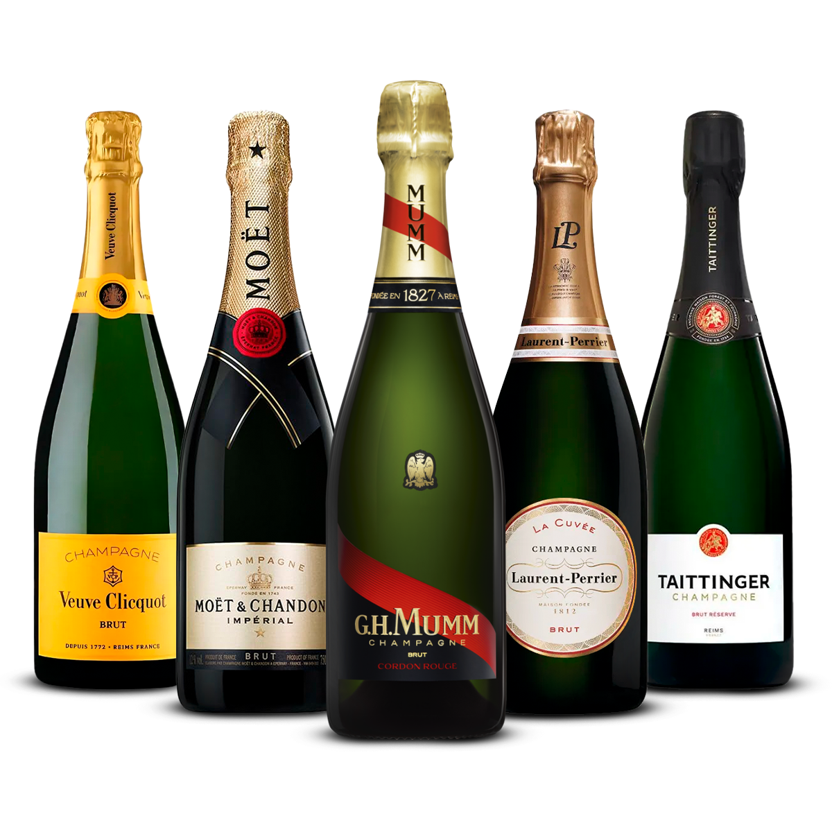 PACK OF 5 CHAMPAGNES – Veuve Clicquot Yellow Label Brut, Moët & Chandon Impérial Brut, G.H. Mumm Cordon Rouge Brut, Laurent-Perrier La Cuvée Brut, Taittinger Brut Réserve