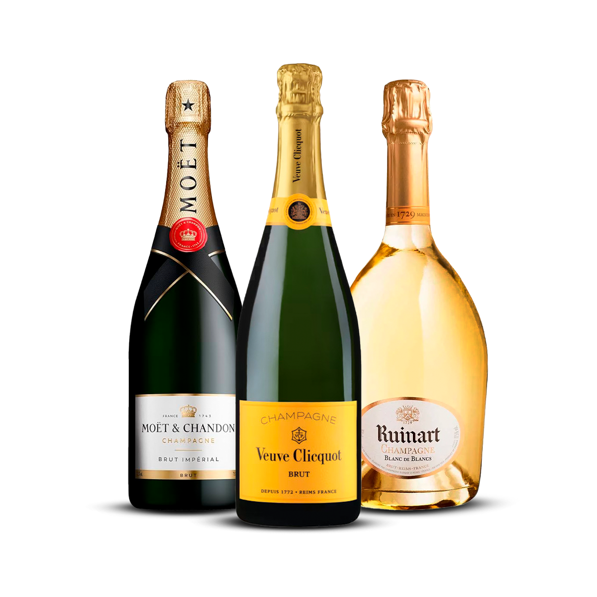 PACK OF 3 CHAMPAGNES – Moët & Chandon Brut Impérial, Veuve Clicquot Yellow Label Brut, Ruinart Blanc de Blancs