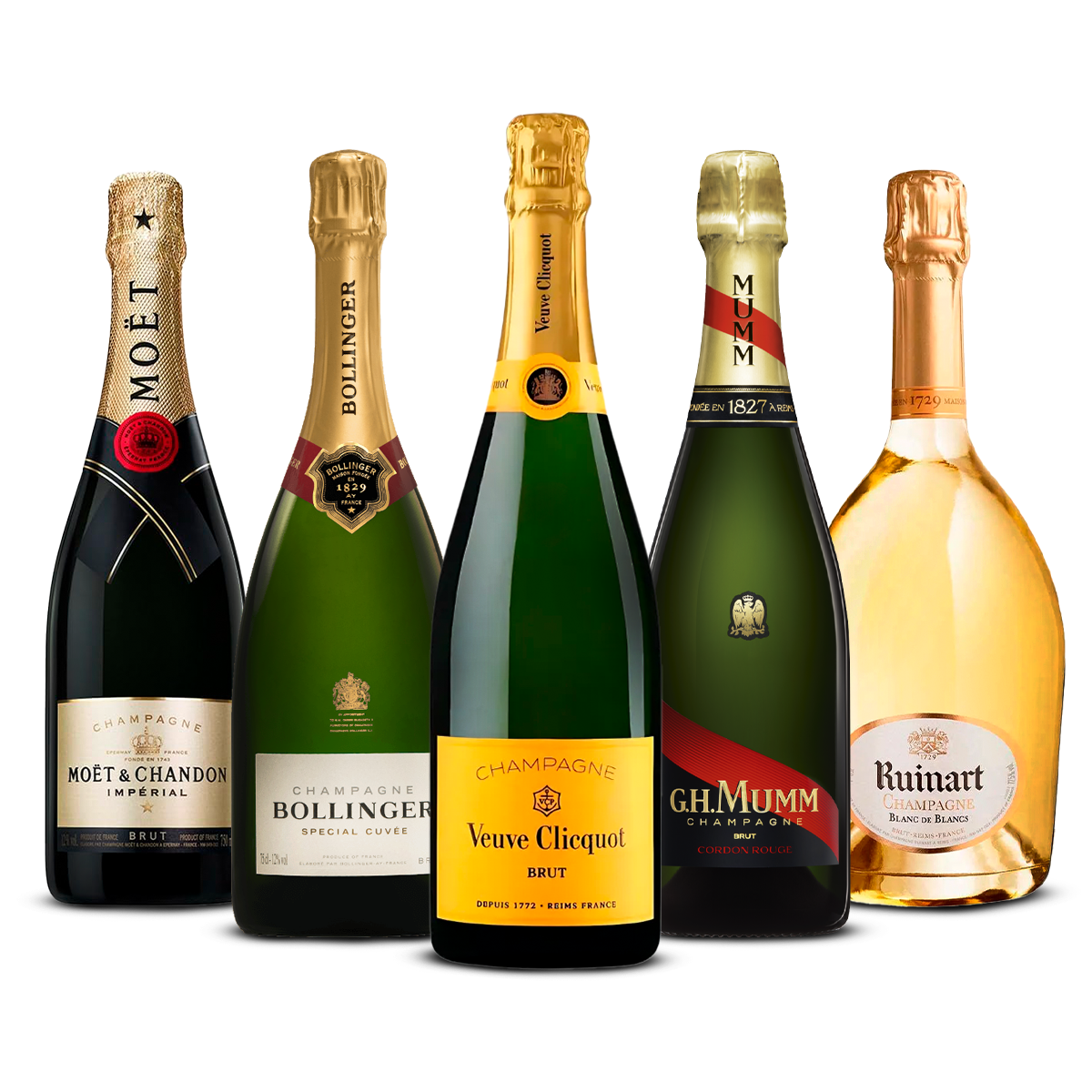 PACK OF 5 CHAMPAGNES – Moët & Chandon Impérial Brut, Bollinger Special Cuvée, Veuve Clicquot Yellow Label Brut, G.H. Mumm Cordon Rouge Brut, Ruinart Blanc de Blancs