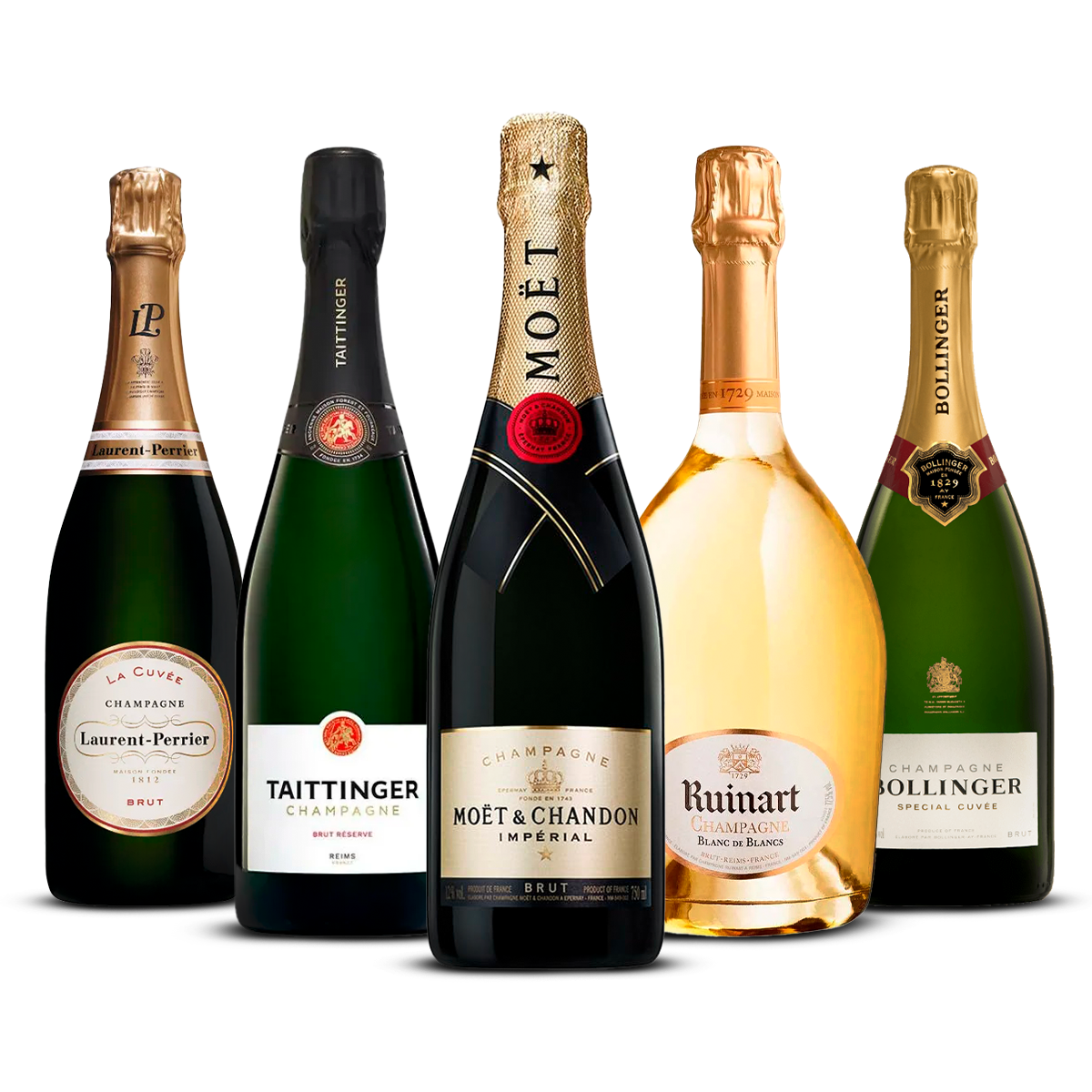 PACK OF 5 CHAMPAGNES – Laurent-Perrier La Cuvée Brut, Taittinger Brut Réserve, Moët & Chandon Impérial Brut, Ruinart Blanc de Blancs, Bollinger Special Cuvée