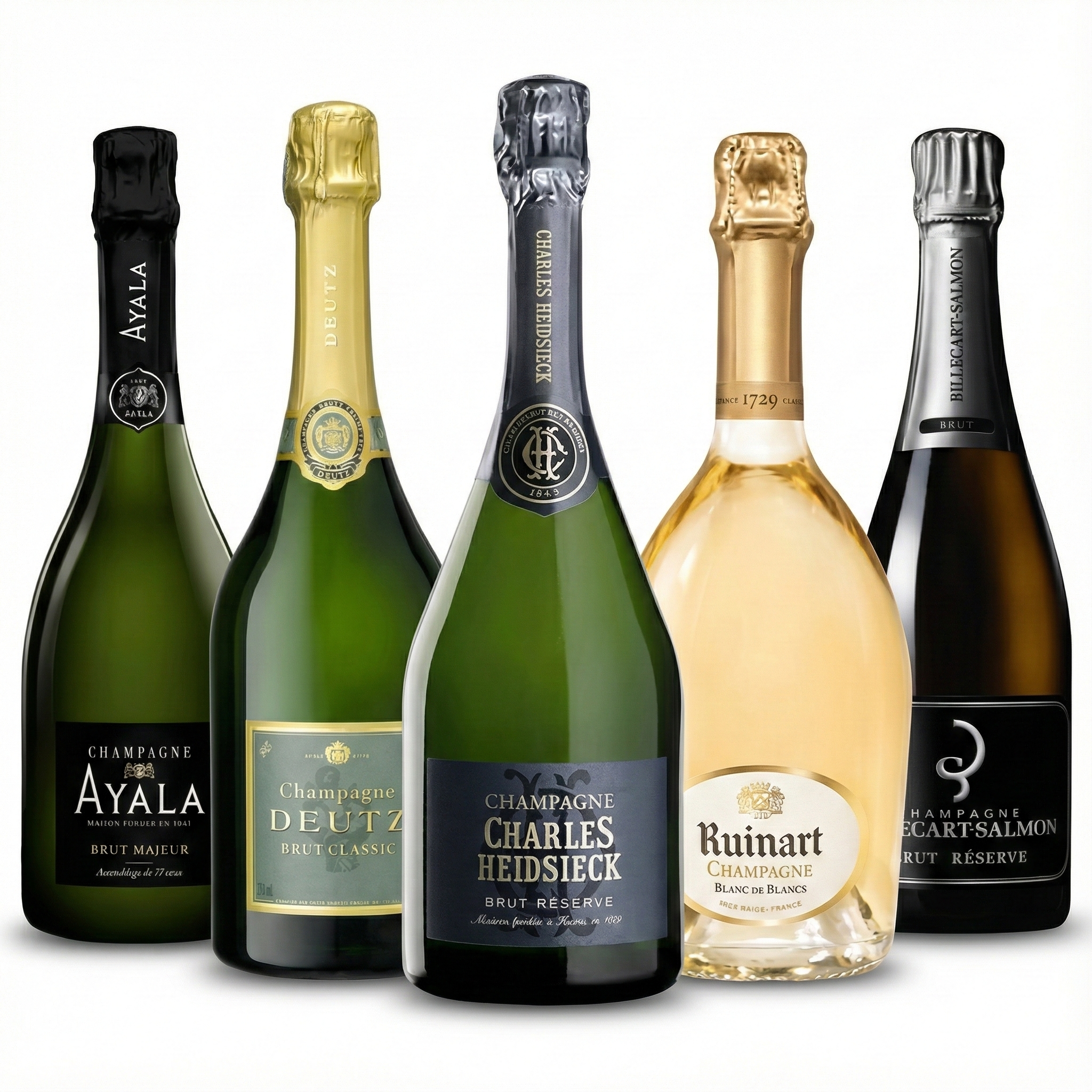 PACK OF 5 CHAMPAGNES – Ayala Brut Majeur, Deutz Brut Classic, Charles Heidsieck Brut Réserve, Ruinart Blanc de Blancs, Billecart-Salmon Brut Réserve