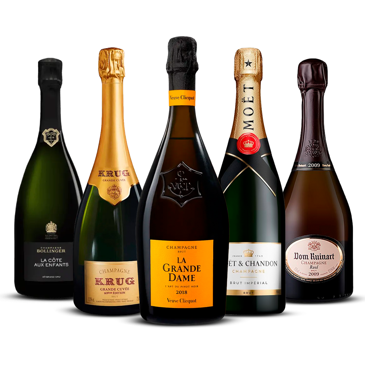 PACK OF 5 CHAMPAGNES – Bollinger La Côte aux Enfants, Krug Grande Cuvée, Veuve Clicquot La Grande Dame, Moët & Chandon Brut Impérial, Dom Ruinart Rosé 2009