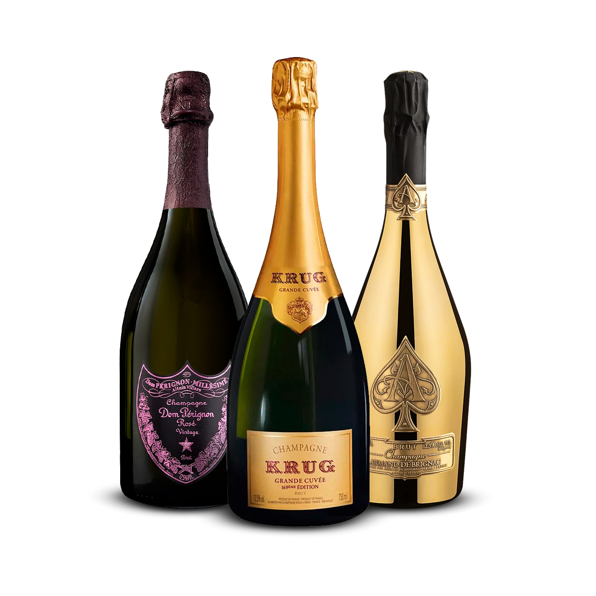 PACK OF 3 CHAMPAGNES – Dom Pérignon Rosé Vintage, Krug Grande Cuvée, Armand de Brignac Brut Gold