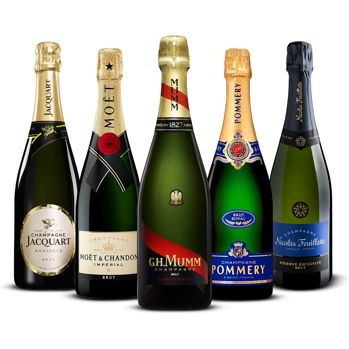 PACK OF 5 CHAMPAGNES – Jacquart Mosaïque Brut, Moët & Chandon Impérial Brut, G.H. Mumm Cordon Rouge Brut, Pommery Brut Royal, Nicolas Feuillatte Réserve Exclusive Brut