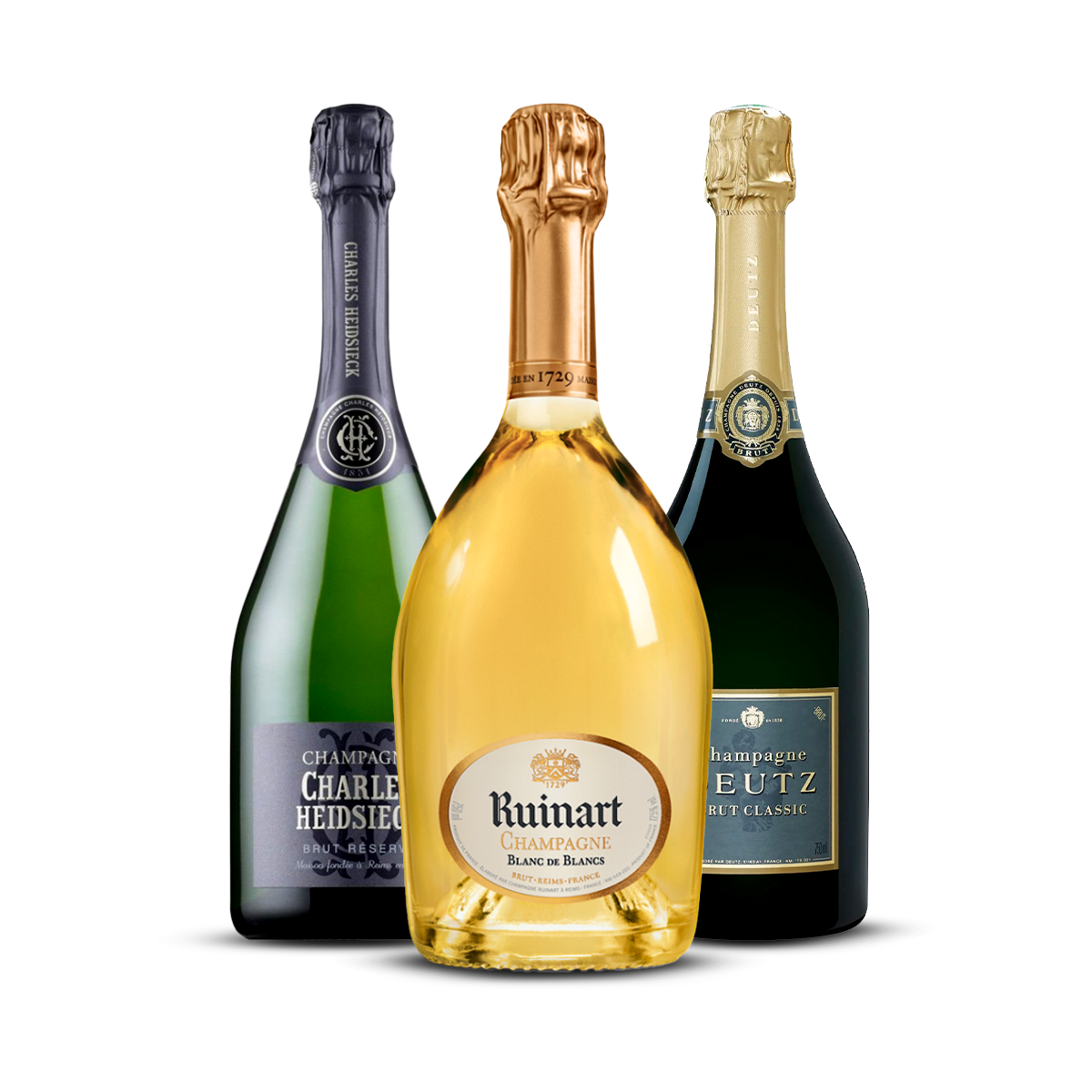 PACK OF 3 CHAMPAGNES – Charles Heidsieck Brut Réserve, Ruinart Blanc de Blancs, Deutz Brut Classic